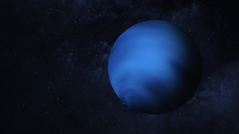 Planet Neptune is visible against a starry sky