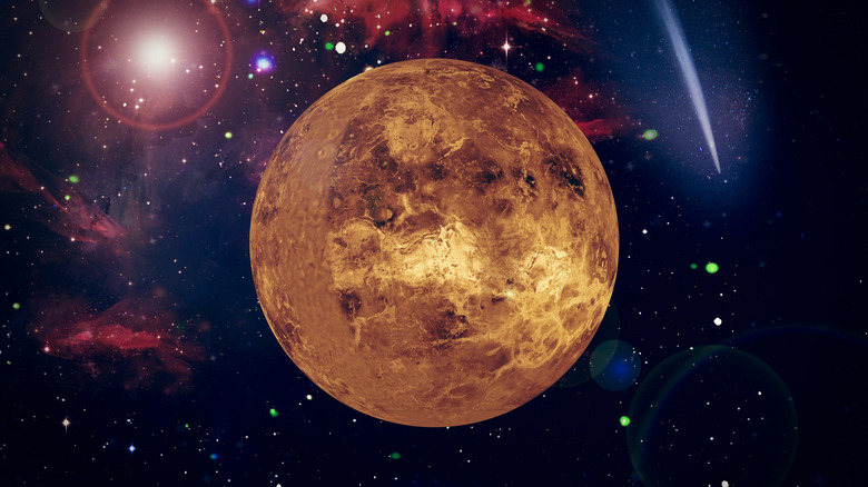 Planet Venus is visible against a colorful space backdrop