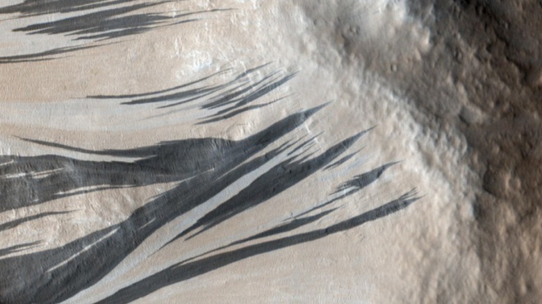 Image from NASA's Viking mission showing black streaks along the Martian surface