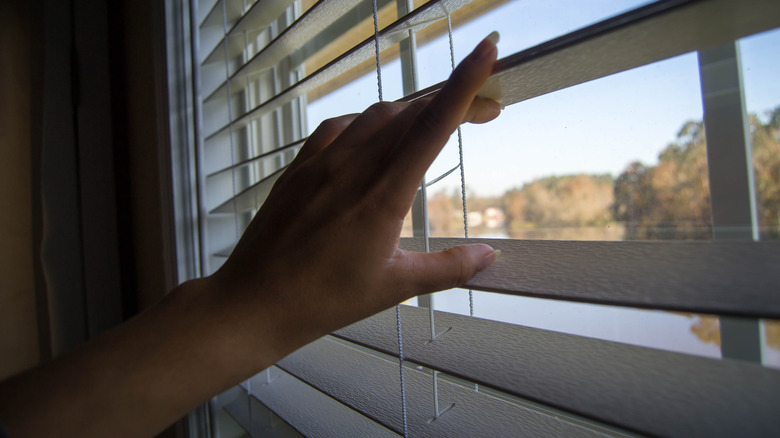 Hand opening blinds for person to look outside