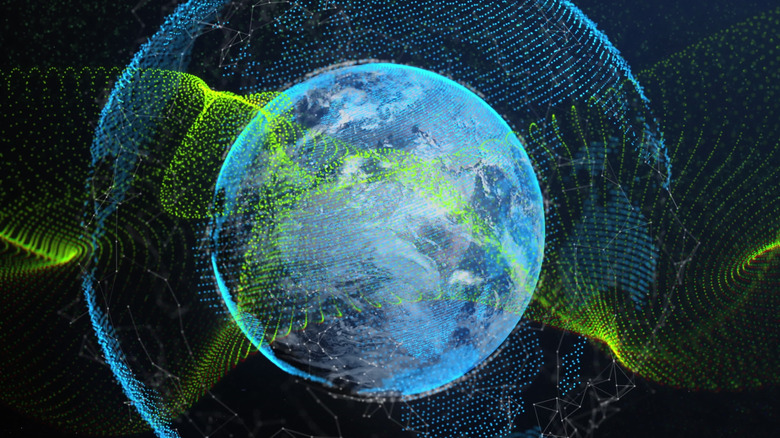 Image of dynamic waves over connected dots around globe