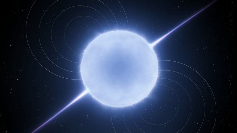 Spinning neutron star on black background