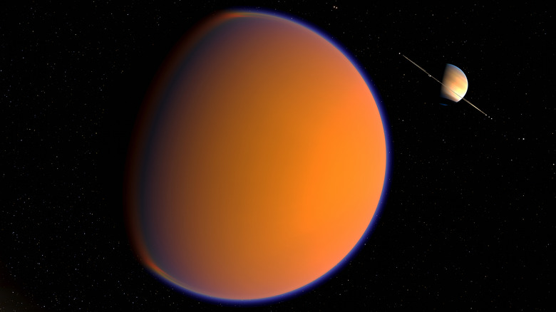 digital concept art of Titan with Saturn in background