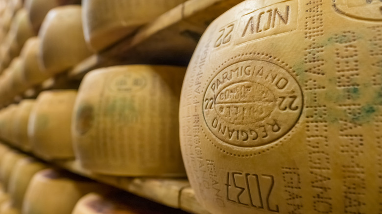 Wheels of Parmigiano-Reggiano cheese aging on shelves.