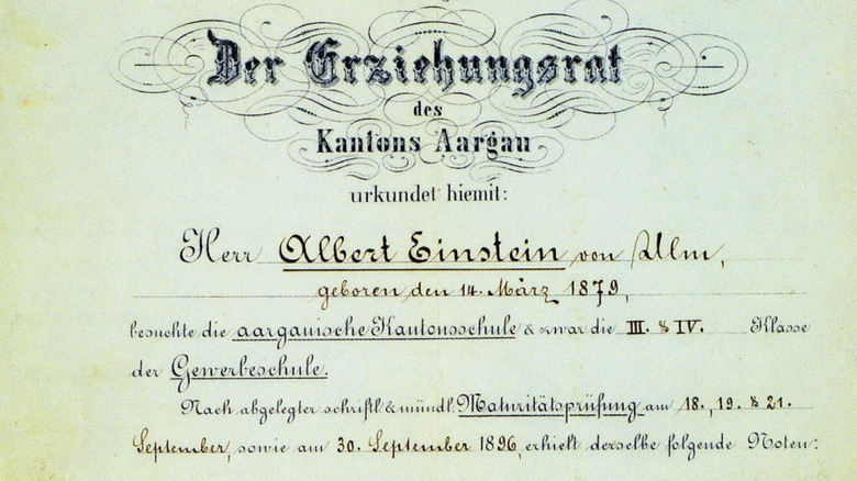 The certificate of maturity issued to Albert Einstein in 1896, at the age of 17, after attending the cantonal high school in Aarau, Switzerland.