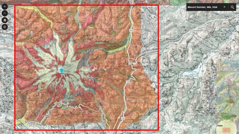 Cropped image of geological map of Mt. Rainier, color coding indicating rock types