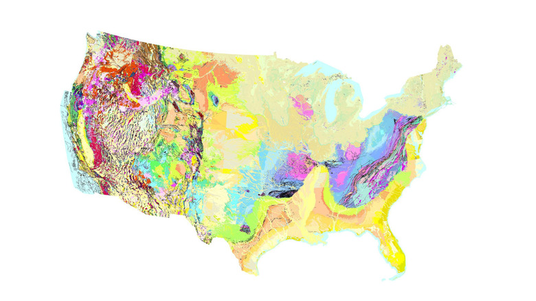 Isolated map of United States lower 48 states with geological composition highlighted in different colors