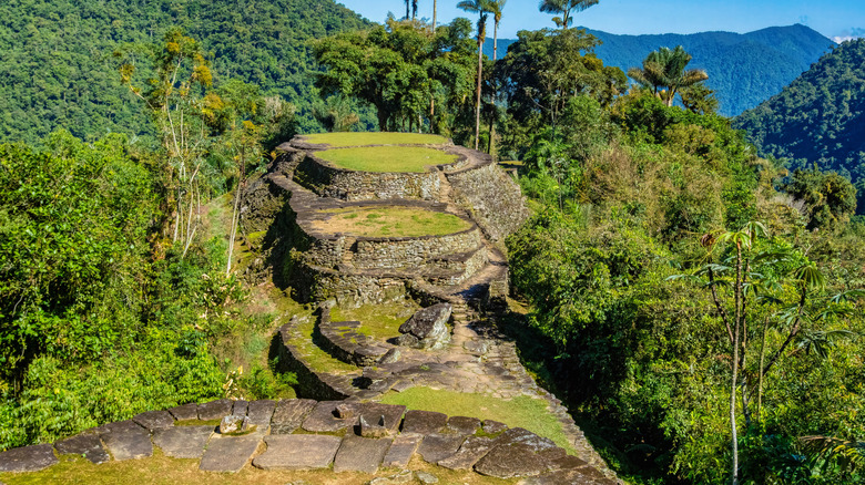 Hidden ancient ruins of Tayrona civilization Ciudad Perdida in the heart of the Colombian jungle