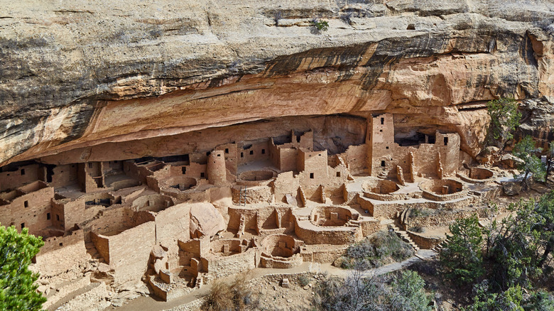 Cliff Palace is a structure made from sandstone,mortar and wooded beams by the ancestral Puebloans at Mesa Verde in Colorado