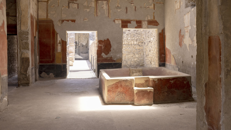 An excavated fullonica, with a tiled tub in the middle of the room
