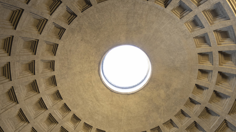 Interior view from below of the oculus in the Pantheon's concrete dome in Rome