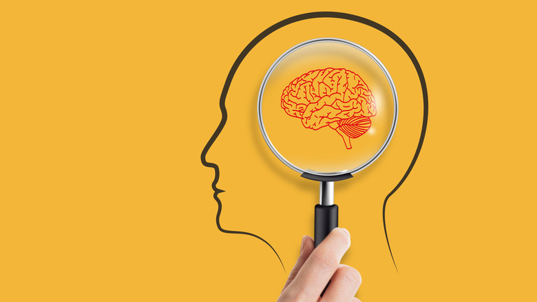 Someone holding a magnifying glass to a brain in the outline of a head.