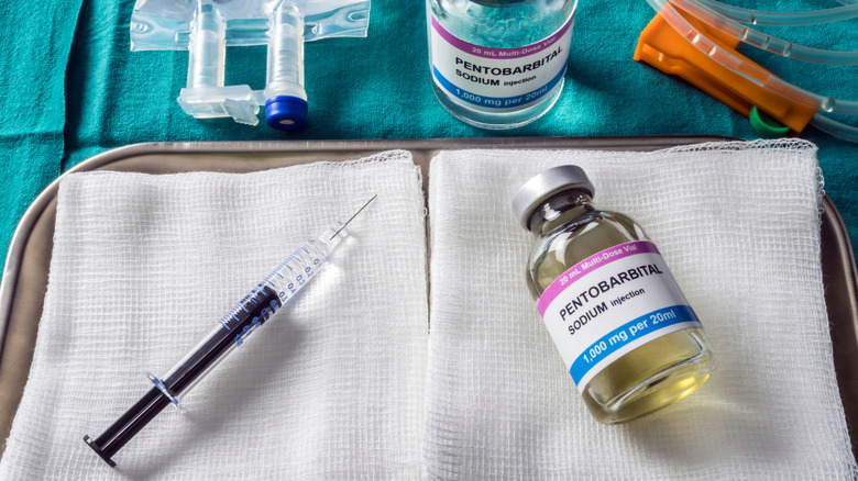 Tray of pentobarbital and IV supplies