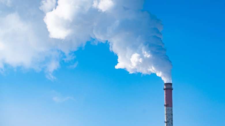 Plume of white and gray smoke from a smokestack pours into a blue sky.