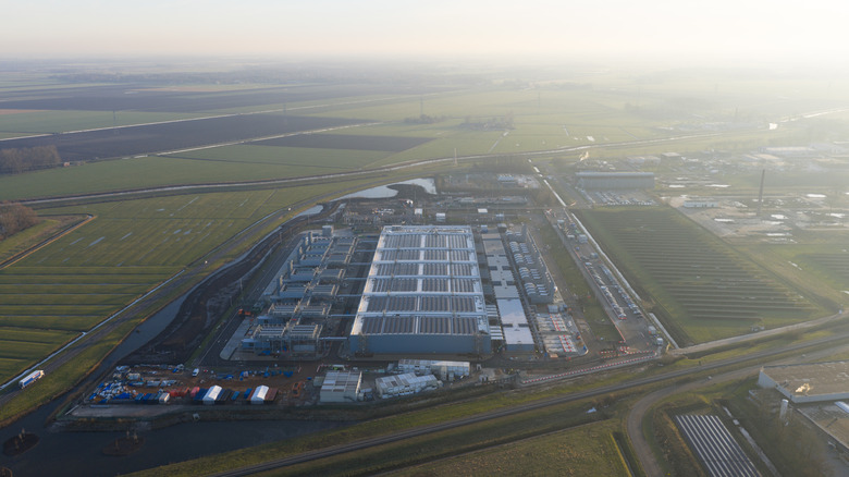 An aerial view of a large data center.