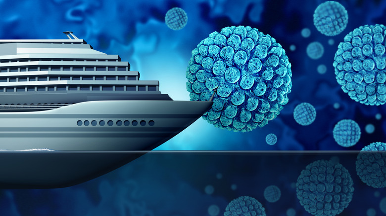 Concept art of a cruise ship sailing into large virus particles