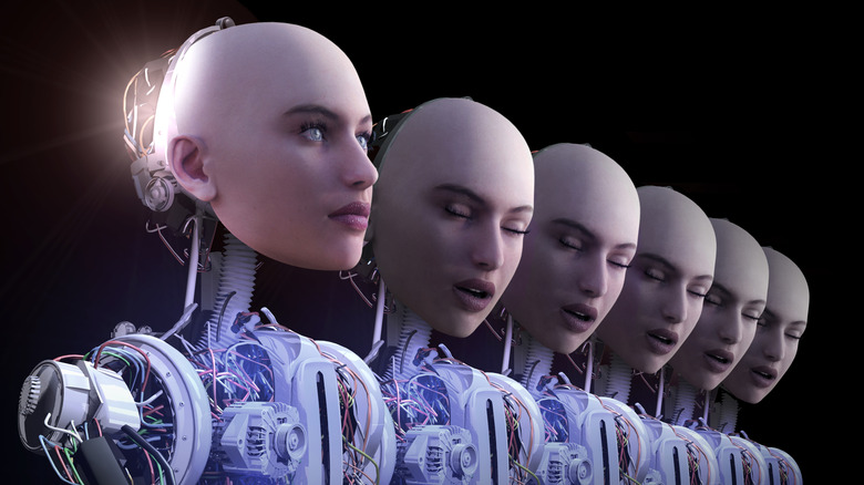 A group of robots with female faces in a row