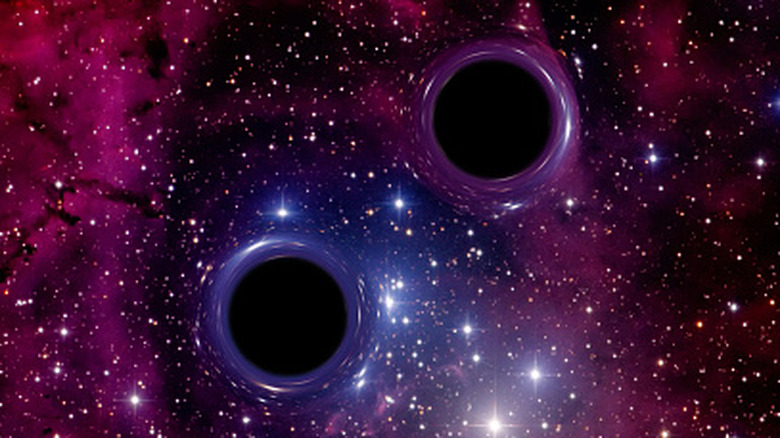 A binary black hole in deep purple and magenta hues