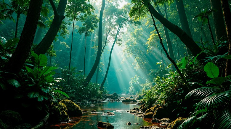 A stream runs through a tropical forest in the morning with fog