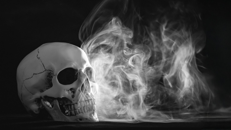 Black and white skull surrounded by smoke