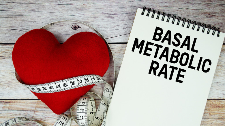 Basal metabolic rate typed on notepad next to a felt heart with measuring tape