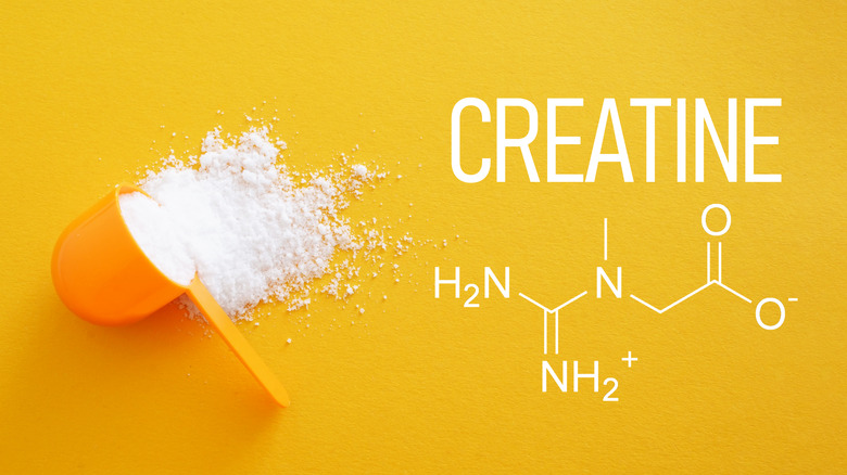 An orange scoop of powder beside the chemical symbol of creatine.