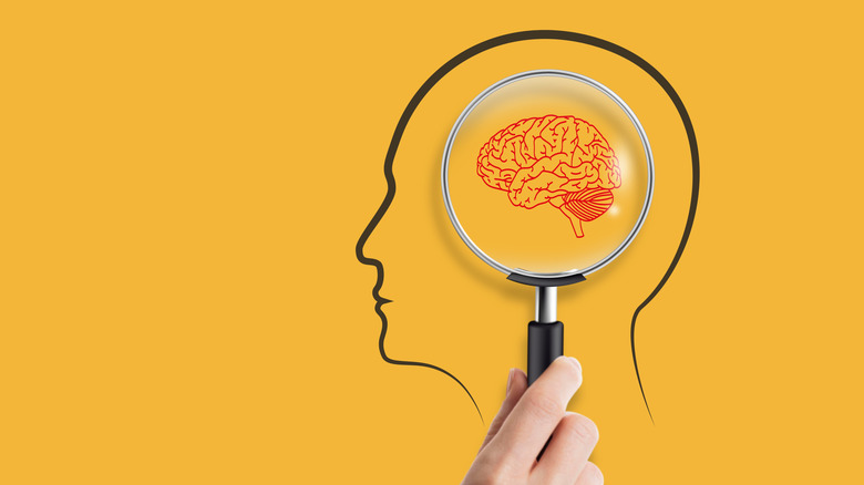 Someone holding a magnifying glass to a brain in the outline of a head.
