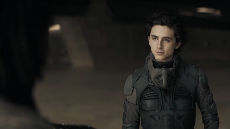 Paul Atreides speaking and wearing stillsuit in Dune