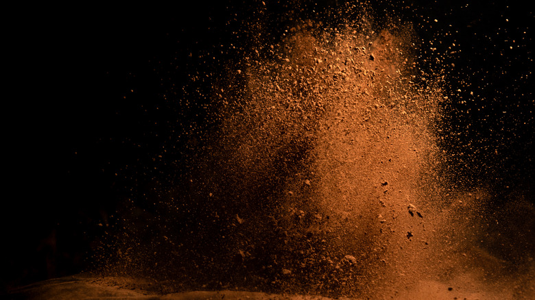 Spice dust floating in front of black background