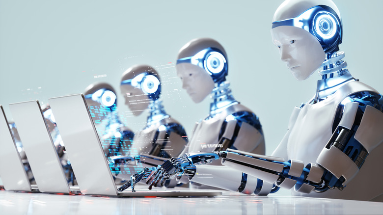 Digital generated image of multiple robots working on laptops siting in a raw.