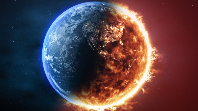 Rendering of planet earth half on fire