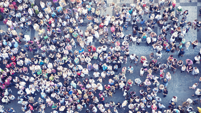 Elevated view of large group of people.