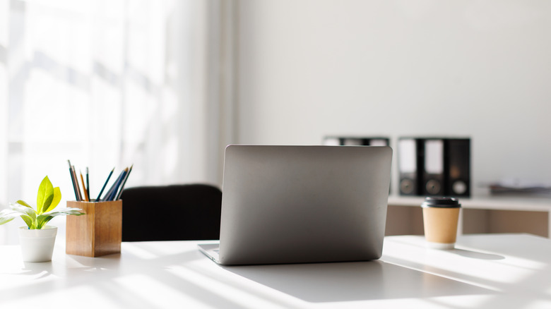 Laptop on desk with wooden accessories and plants