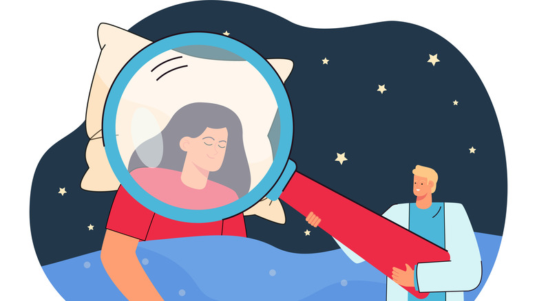 Illustration of a doctor holding a giant magnifying glass over a female patient sleeping calmly