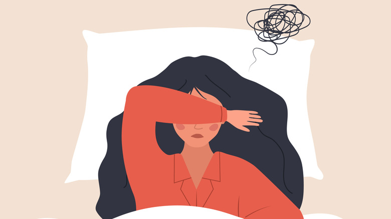 Illustration of woman in bed with an arm over her eyes, depicting poor sleep