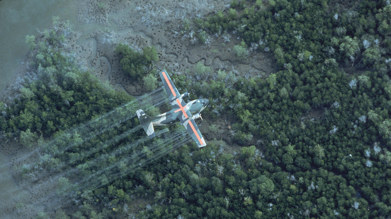 Agent Orange chemical being spread by airplane over canopy of Vietnam