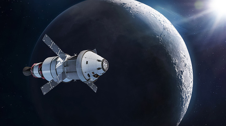 The Orion spacecraft orbiting the moon.