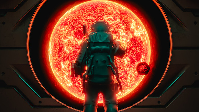 astronaut in space suit watching a large red star