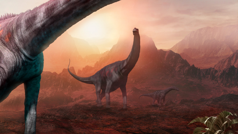 Long-necked sauropods walking through misty rocky landscape with setting sun behind them