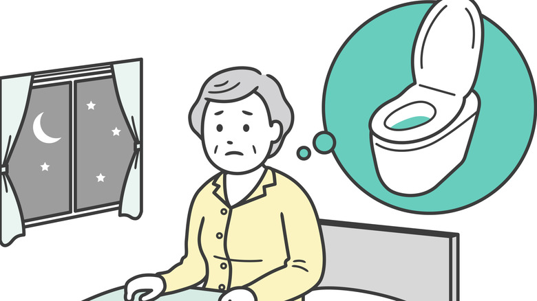 Illustration of an elderly woman annoyed about waking up to pee at night