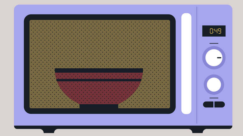 Illustration of a light purple microwave heating a bowl of food