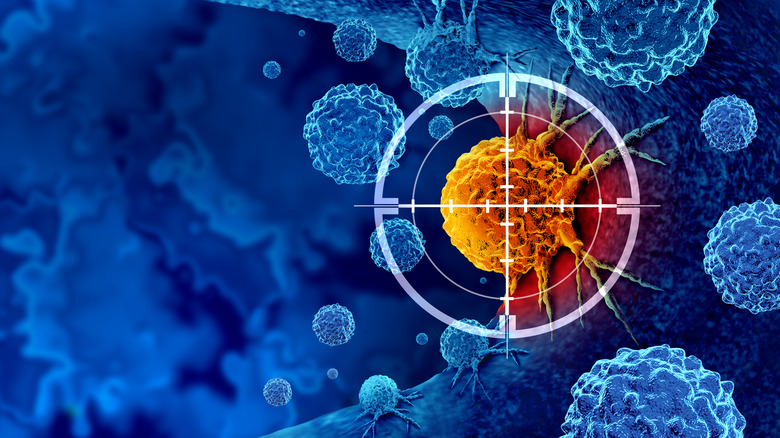 A 3-D depiction of a malignant cell with a target over it.