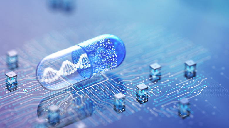 An illustration of a pill capsule atop a computer grid to represent AI and medical research.
