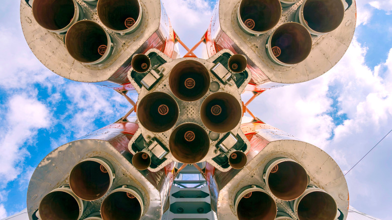 A bottom-up view of the nozzles on a rocket engine