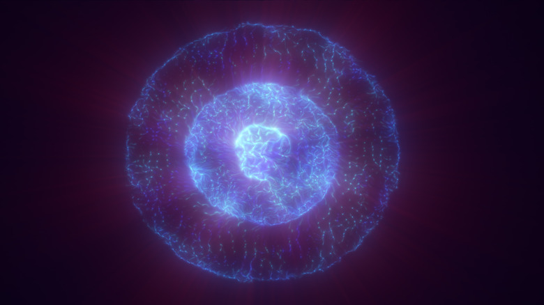 A 3D render of an atom sitting in a field of energy