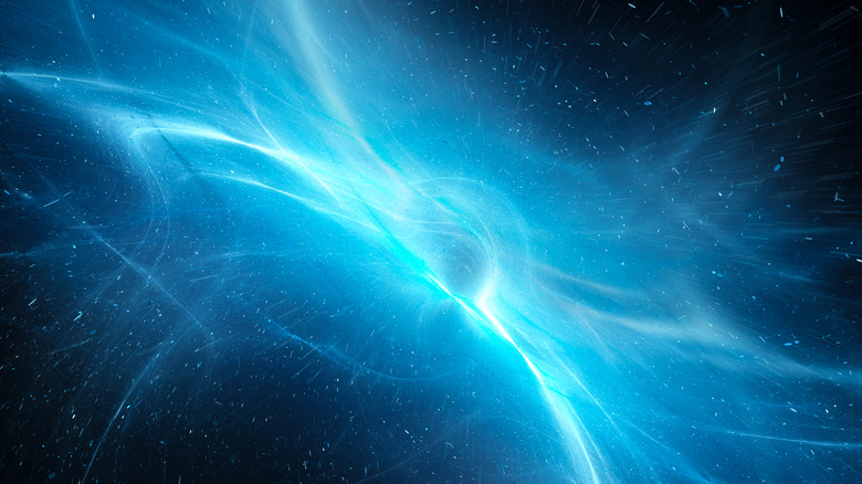 A quantum field is visualized as a shifting nebula of blue energy against a black background