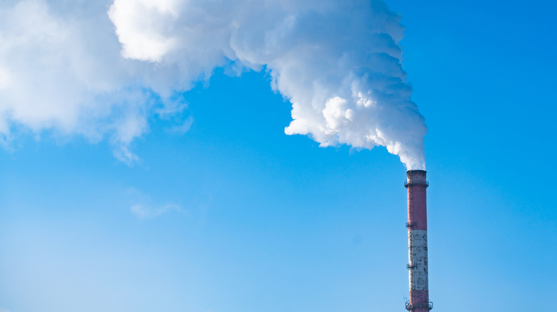 White and gray smoke and steam rising into a blue sky from a smokestack