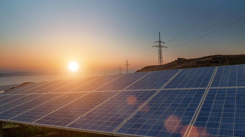 Solar panels with a setting sun and powerlines in the background