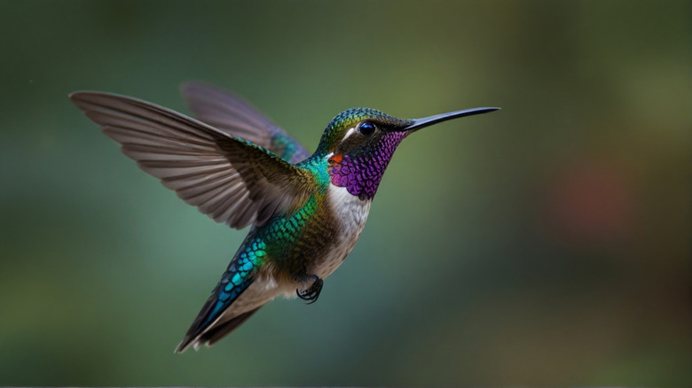 A hummingbird is seen flying against a blurry background