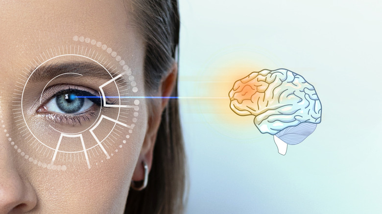A female's eye is seen alongside an illustration of a brain with a glowing area